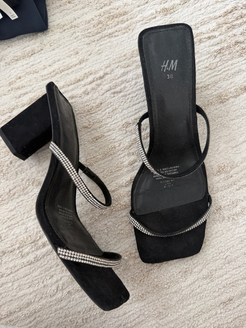 H&M Black Suede Crystal-Strap Block Heel Sandals